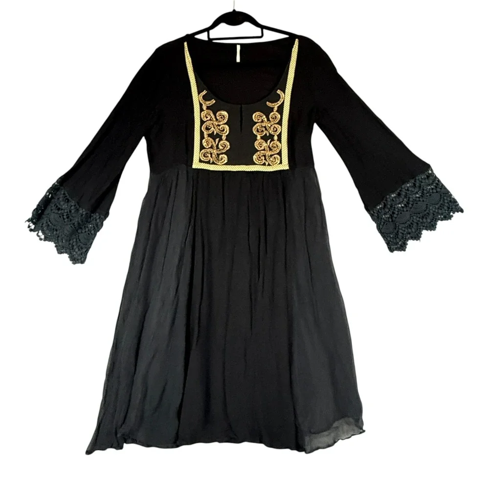 Free People Mini Dress Small Black Gold Embroidered Lace Bell Sleeve Boho Witchy